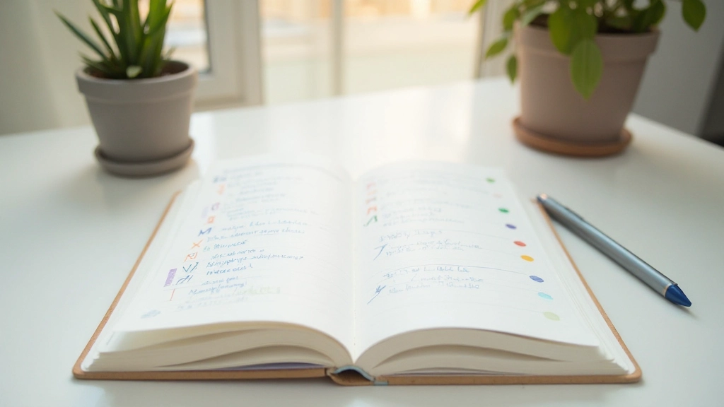 Open dagboek met handgeschreven streepjes en kleurgecodeerde notities op een schoon bureau met plant op de achtergrond