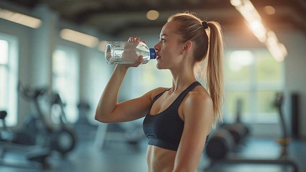 Persoon die water drinkt na een trainingsessie in een sportschool met spiegels op de achtergrond