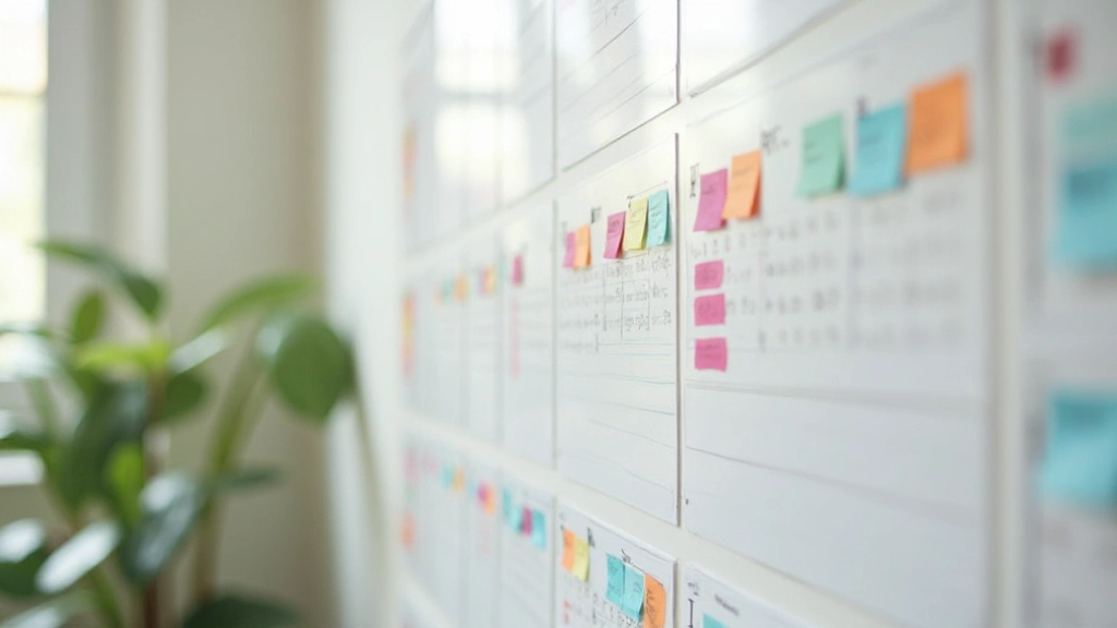 Kalender op muur met aantekeningen en kleurgecodeerde markeerders voor dagelijkse tracking